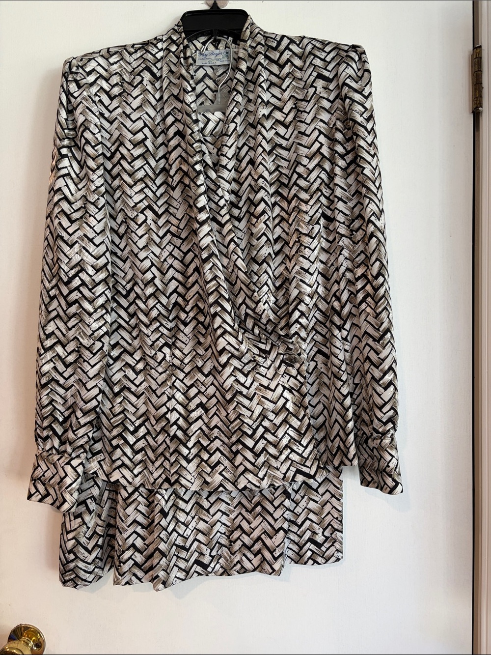 VTG Fay Boyer Black White Geometric Wrap Blouse Midi Skirt Matching Set